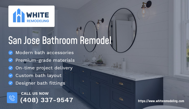 Features of bathroom remodel service overlaid on a bathroom background